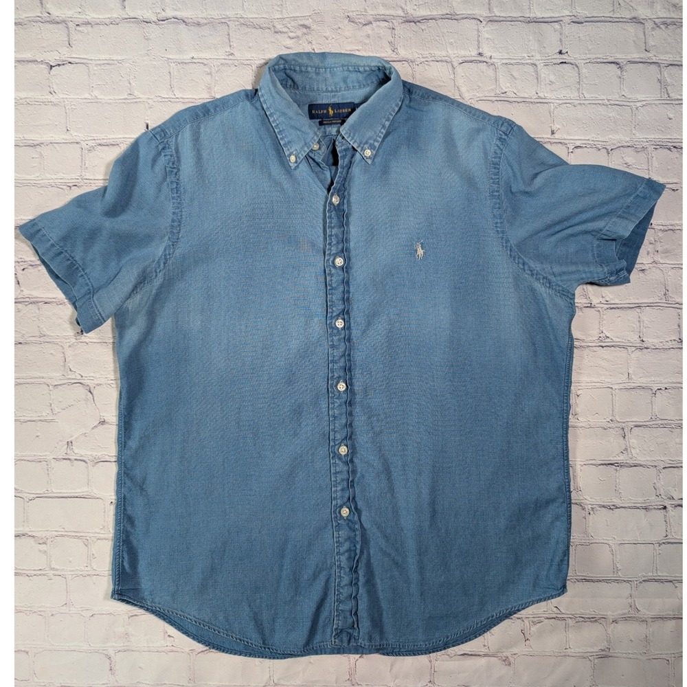 Ralph Lauren Indigo Oxford Shirt Mens L Cotton Blue Short Sleeve Button Down